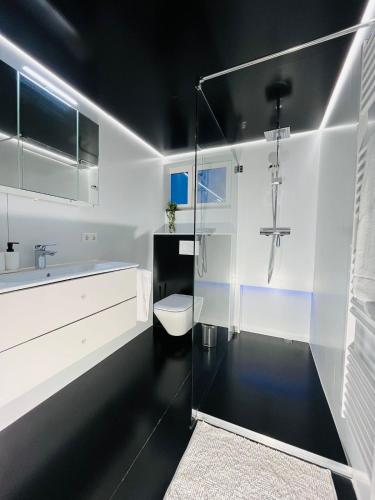 a bathroom with a glass shower and a toilet at Ferienwohnung Südtor 2 in Geisingen