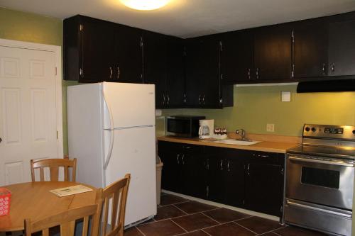a kitchen with black cabinets and a white refrigerator at Big Pines Mountain House in South Lake Tahoe