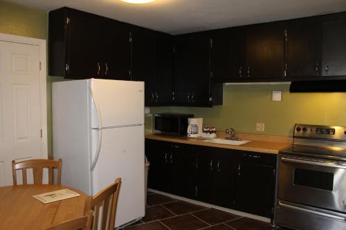 a kitchen with black cabinets and a white refrigerator at Big Pines Mountain House in South Lake Tahoe