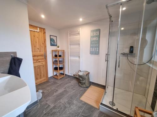 a bathroom with a shower and a sink at Rettiner Sandbank in Neustadt in Holstein