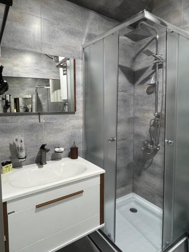 a bathroom with a sink and a shower at Firefly in Shatili