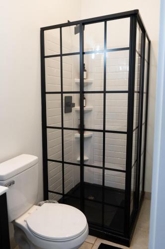 a bathroom with a toilet and a glass cabinet at Peace Barn Getaway in Carrollton