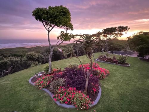 two flower gardens on a hill with the ocean in the background at Huis Seenekal in Cannon Rocks