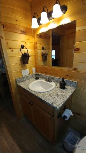 a bathroom with a sink and a mirror at Little Bear Cabin in Banner Elk