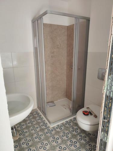a shower in a bathroom with a toilet and a sink at Michas FeWo in Bautzen