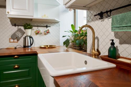 a kitchen with a white sink and green cabinets at Luxury OldTown Free Parking in Vilnius