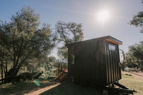 a black tiny house sitting on top of a field at Off-Grid Tiny Home Pacific Views & Serenity in Pauma Valley