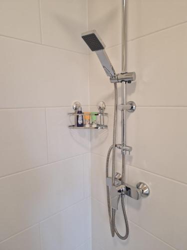 a shower with a shower head in a bathroom at Ferienwohnung Weitblick Wiese in Neusitz