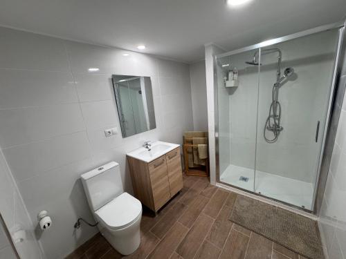 a bathroom with a toilet and a shower and a sink at Albalat Centro in Albalat de la Ribera
