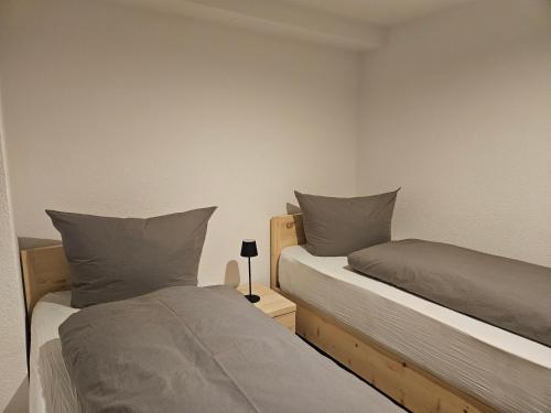 two beds in a small room with twoinylinylinylinylinylinyl at Ferienwohnung Zur Alt Ave in Deggingen