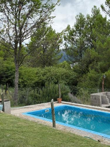 a swimming pool in a yard with trees at Cabañas Soledad in Villa Giardino