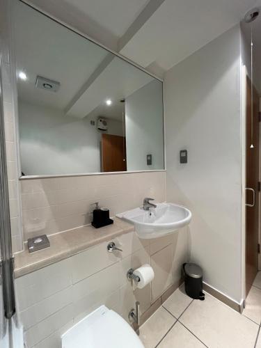 a bathroom with a sink and a mirror at Comfy 2bed flat next to Motorpoint Arena in Nottingham