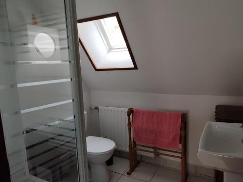 a bathroom with a toilet and a sink and a window at Les colombages bis in Pazayac