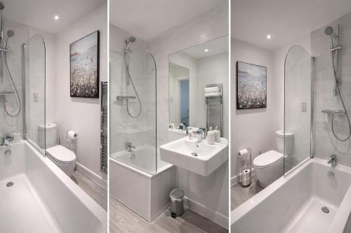 three pictures of a bathroom with a sink and a shower at Ebbsfleet Luxe in Swanscombe