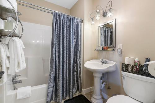 a bathroom with a shower curtain and a sink at Dreams2Reality | Historic Branson Hotel - Haven Suite - Downtown in Branson