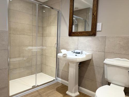 a bathroom with a shower and a sink and a toilet at Tanronnen Inn in Beddgelert
