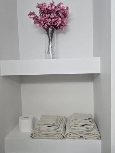 a shelf with a vase of pink flowers on it at Cozy 1-Bedroom Private Basement Suite in Winnipeg with separate entrance in Winnipeg
