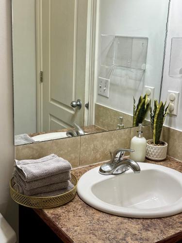 a bathroom counter with a sink and a mirror at Cozy 1-Bed Basement Suite in Calgary