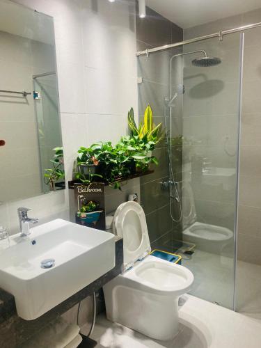 a bathroom with a sink and a toilet and a shower at Smile House - With In-unit Laundry & Kitchen in Sapa