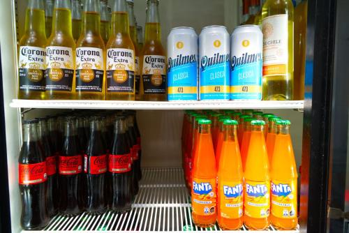 a refrigerator filled with lots of bottles of soda at Hostal Estadio Nacional in Santiago