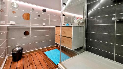 a shower with a glass door in a bathroom at La Maison des Hôtes in Saint-Joseph
