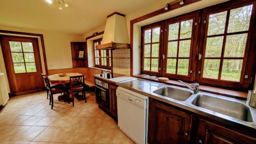 a kitchen with a sink and a table at Maison des bois in Château-Chervix