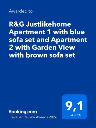 R&G Justlikehome Apartment 1 with blue sofa set and Apartment 2 with Garden View with brown sofa set
