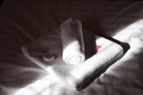 a towel sitting on top of a bed at Penzion Diana in Teplice nad Bečvou
