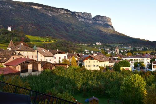 a small town with a mountain in the background at Angerburg Blumenhotel in Appiano sulla Strada del Vino