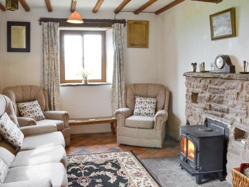 a living room with a fireplace and two chairs at Titchbourne Cottage in Clee Saint Margaret