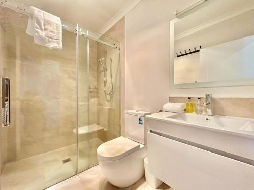 a bathroom with a toilet and a shower and a sink at Matariki Star in Lake Tekapo