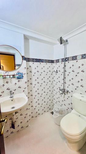 a bathroom with a toilet and a sink and a mirror at Scarlets Inn in Cochin