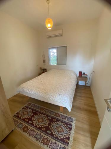 a bedroom with a bed and a window and a rug at Rivers view in kibbutz Dafna in Dafna