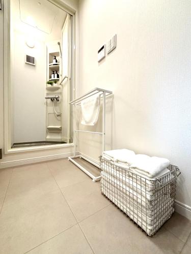 a bathroom with a towel rack and a mirror at Hal Kokubunji in Kokubunji