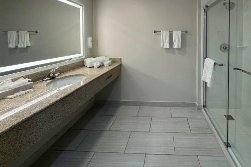a bathroom with a sink and a shower at Comfort Inn & Suites Syracuse-Carrier Circle in Syracuse
