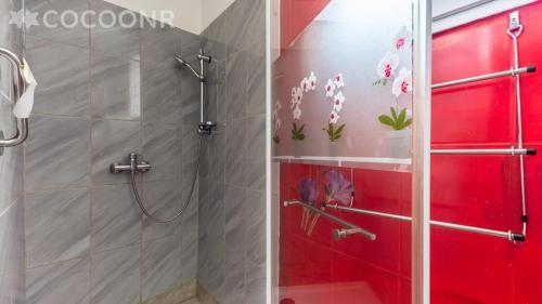 a shower in a bathroom with a red wall at CHEZ BETTY in Le Luc