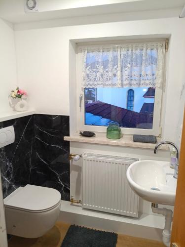 a bathroom with a toilet and a sink and a window at Haus Waldhuber in Schwoich