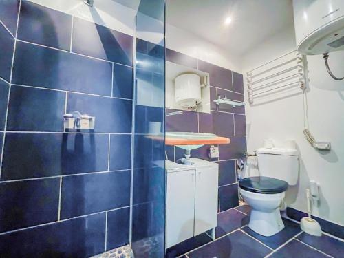 une salle de bains avec des toilettes et un mur carrelé bleu dans l'établissement Charmant duplex, à Clermont-Ferrand