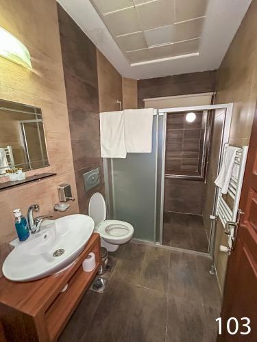 a bathroom with a sink and a toilet and a shower at ARİFBEY KONAGİ otel in Şahinbey