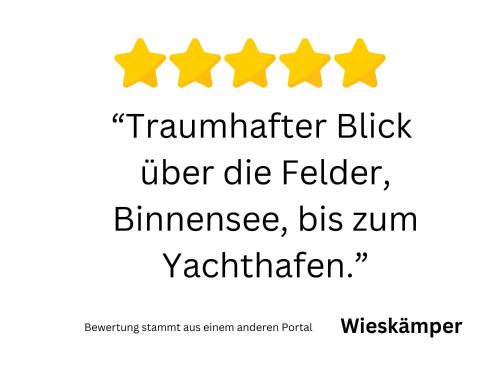four yellow stars with the words transmitter blitzier higher die fuller bimurrence at Huus Binnensee - Erdgeschoss-Wohnung mit Garten & Seeblick - Wintergarten & Terrasse - hundefreundlich - ruhige Lage - Südstrand 5 Min mit Rad in Fehmarn