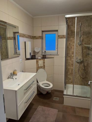 a bathroom with a toilet and a shower and a sink at Villa Nikki in Bilice