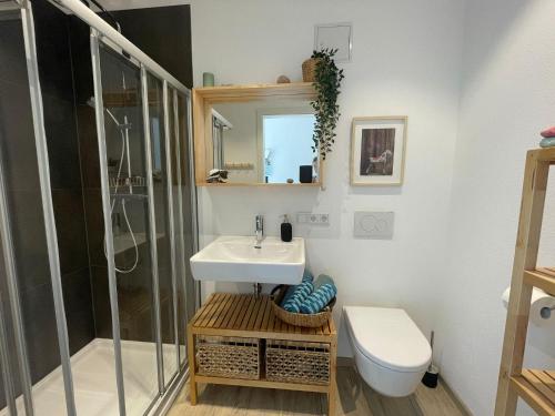 a bathroom with a sink and a shower and a toilet at Ferienwohnung am Kienbach in Herrsching am Ammersee