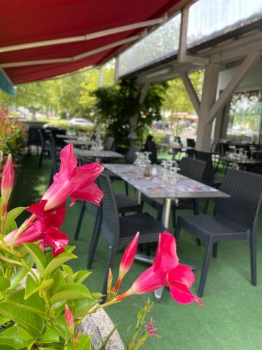 two pink flowers in front of a table and chairs at Logis Hotel Noemys Brive - Restaurant Le Teinchurier in Brive-la-Gaillarde