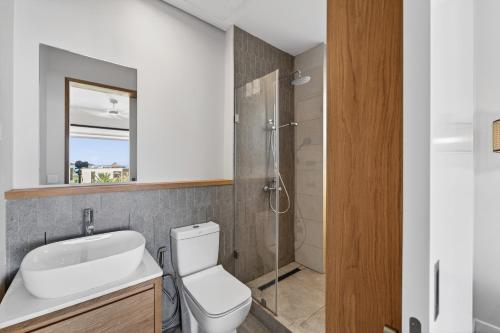 a bathroom with a toilet and a sink and a shower at Beachfront sea view apartment in Petite Case Noyale