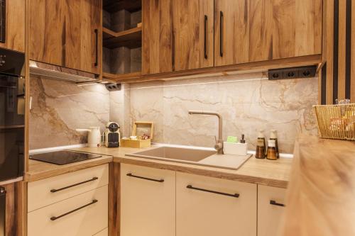 a kitchen with a sink and wooden cabinets at Asana luxury apartment in Kozani