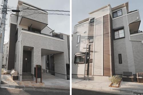 two pictures of a building next to a street at Dorothy Inn Spacious 4LDK New Build 97sqm Up to 10 Guests Free Private Parking Near JR Higashi Jujo Station 3 Minute Walk in Tokyo