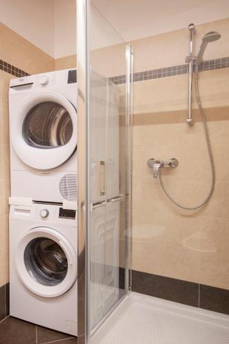 a shower stall with a washer and dryer in a bathroom at Bohemia Apartment in Calmasino