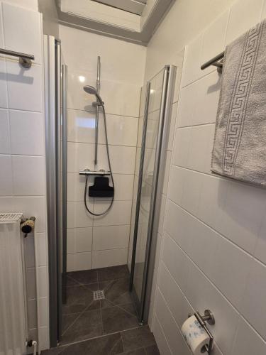 a shower with a glass door in a bathroom at Zauberhaus in Norddeich