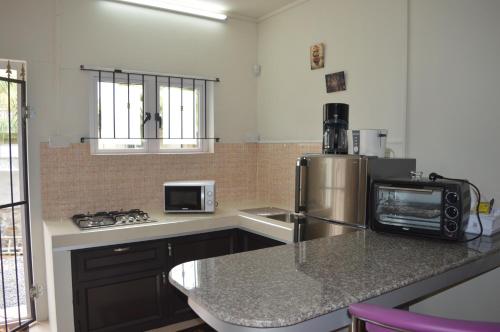 a kitchen with a refrigerator and a counter top at Ashmara Villa & Studio in Flic-en-Flac