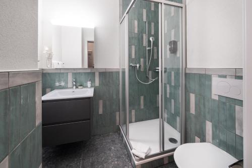 a bathroom with a shower and a sink and a toilet at BetweenLakes Apartment ground fl in Interlaken